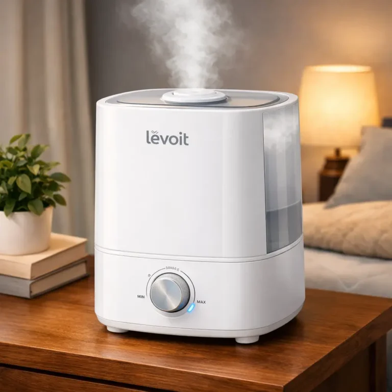 Levoit Classic 200 Ultrasonic Cool Mist Humidifier with 4L tank and blue LED light on a white background.